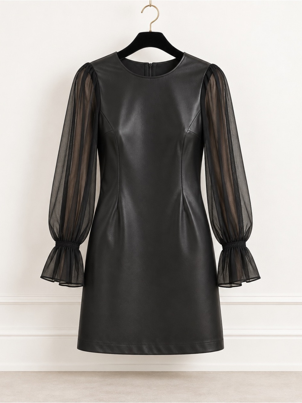 Calvin Klein Black Faux Leather Chiffon Sleeve Sheath Dress Size 4